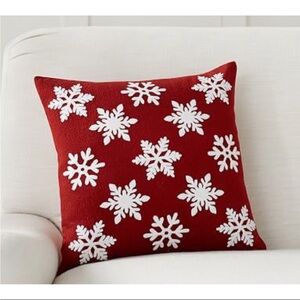 Like New Red Pottery Barn Falling Snowflake Crewel Pillow